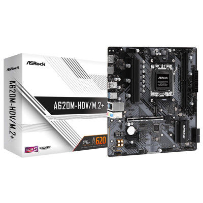 Материнська плата AM5 ASRock A620M-HDV/M.2+, A620, 2xDDR5, Int.Video (CPU), 4xSATA3, 2xM.2, 1xPCI-E 4.0 16x, 2xPCI-E 3.0 1x, 1xM.2 (Key E), ALC897, RTL8111H, 5xUSB3.2/6xUSB2.0, Type-C, HDMI/DP, Micro ATX