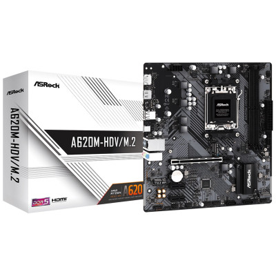 Материнська плата AM5 ASRock A620M-HDV/M.2, A620, 2xDDR5, Int.Video (CPU), 2xSATA3, 2xM.2, 1xPCI-E 4.0 16x, 2xPCI-E 3.0 1x, 1x, 1x RTL8111H, 5xUSB3.2/6xUSB2.0, Type-C, HDMI/DP, Micro ATX