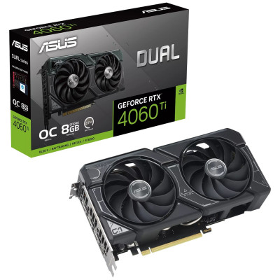 Відеокарта GeForce RTX 4060 Ti, Asus, DUAL OC, 8Gb GDDR6, 128-bit, HDMI/3xDP, 2595/18000 MHz, 8-pin (DUAL-RTX4060TI-O8G)
