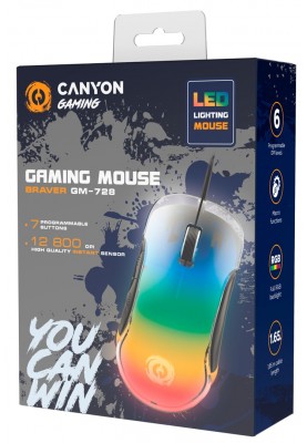 Миша Canyon Braver GM-728, Color, USB, оптична (сенсор Instant 825), 800 - 12800 dpi, RGB-підсвічування, 7 програмованих кнопок, 1.65 м (CND-SGM728)