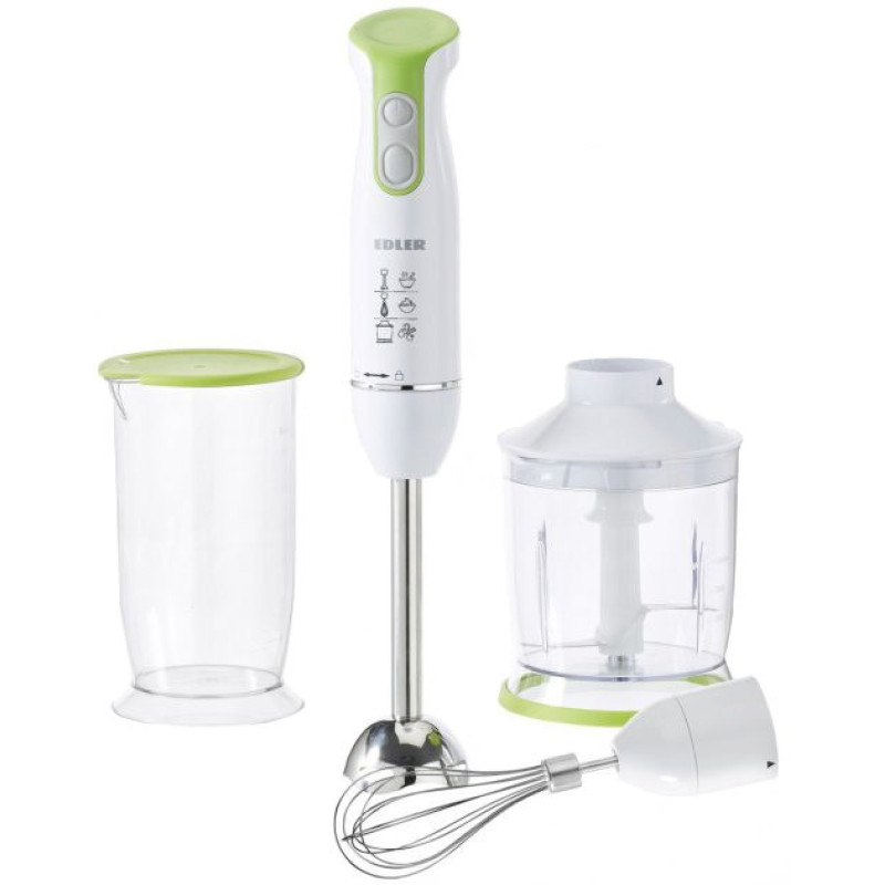 Блендер Edler EDHB-6045 White/Green, 500W, занурювальний, 2 швидкості, мірний стакан 700мл, подрібнювач 500мл, вінчик для збивання