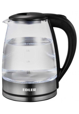Електрочайник Edler EK5530 Black, 1500W, 1.8л, скло+нерж.сталь, дисковий, індикатор рівня води, підсвічування, захист від перегріву, захист від кипіння без води