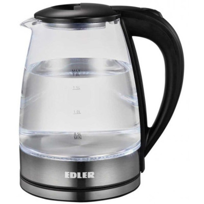 Електрочайник Edler EK5530 Black, 1500W, 1.8л, скло+нерж.сталь, дисковий, індикатор рівня води, підсвічування, захист від перегріву, захист від кипіння без води