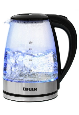 Електрочайник Edler EK5530 Black, 1500W, 1.8л, скло+нерж.сталь, дисковий, індикатор рівня води, підсвічування, захист від перегріву, захист від кипіння без води