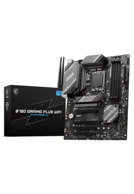 Материнська плата LGA1700, MSI B760 GAMING PLUS WIFI, B760, 4xDDR5, Int.Video(CPU), 4xSATA3, 2xM.2, 2xPCI-E 16x 4.0, 3xPCI-E 16x 3.0, ALC897, RTL8125BG, WiFi 6E, Bluetooth 5.3, 8xUSB3.2/6xUSB2.0, HDMI/DP, ATX
