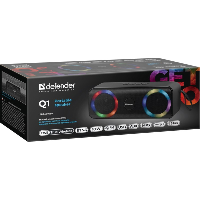 Колонка портативна Defender Q1, Black, 10 Вт, Bluetooth, 1200 mAh (65301)