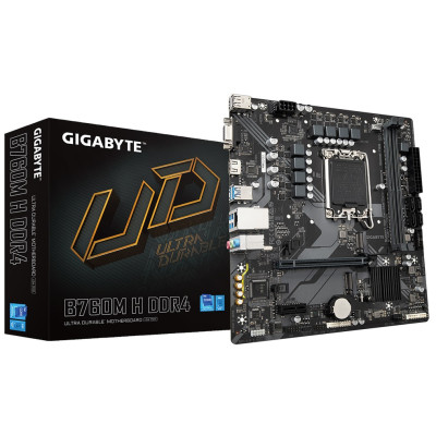 Материнська плата LGA1700, Gigabyte B760M H DDR4, B760, 2xDDR4, Int.Video(CPU), 4xSATA3, 2xM.2, 1xPCI-E 16x 4.0, 1xPCI-E 1x 3.0, Realtek 7.1, RTL8111E, 6xUSB3.2/6xUSB2.0, VGA/HDMI, MicroATX