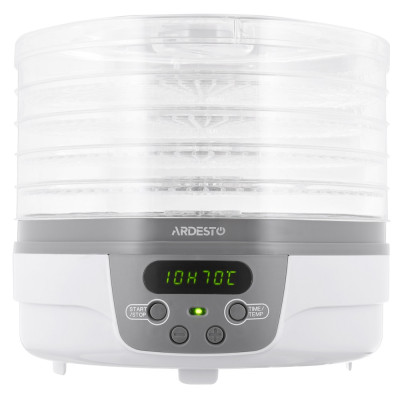 Сушарка овочів та фруктів Ardesto FDB-5321T, White, 250W, керування електронне, 5 лотків, висота сушильного піддону 3см, діаметр 32см, LED дисплей, таймер, регулювання температури
