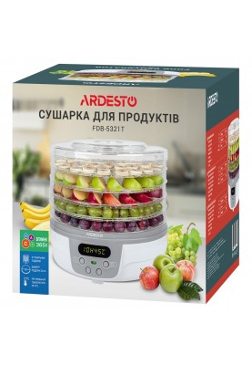 Сушарка овочів та фруктів Ardesto FDB-5321T, White, 250W, керування електронне, 5 лотків, висота сушильного піддону 3см, діаметр 32см, LED дисплей, таймер, регулювання температури