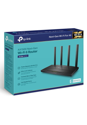 Роутер TP-LINK Archer AX12, Wi-Fi 802.11ax, до 1501 Mb/s, 2.4/5GHz, 3 LAN 10/100/1000 Mb/s, RJ45 10/100/1000Mb/s (GE), 4 зовнішні антени