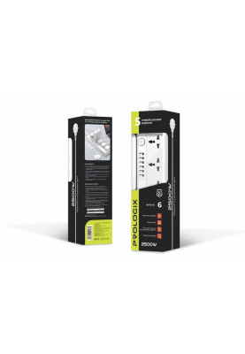 Фільтр мережевий 2 м, ProLogix White, 5 розеток, 10А, до 2.2 кВт, 6xUSB, вимикач, заземлення (PR-SC5614W)