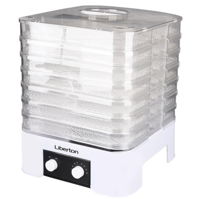 Сушарка овочів та фруктів Liberton LFD-5525P, White, 520W, механічне керування, об'єм 15л, 7+1 ярусів, діапазон температури 35-70C, регулювання висоти, вертикальне сушіння
