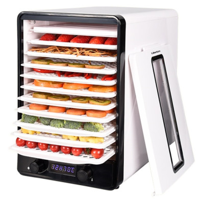 Сушарка овочів та фруктів Liberton LFD-5527P, White, 520W, механічне керування з цифровим дисплеєм, об'єм 23л, 10 ярусів, регулювання висоти, діапазон температури 35-70C, 2*піддон для пастили, решітка для ковбасок