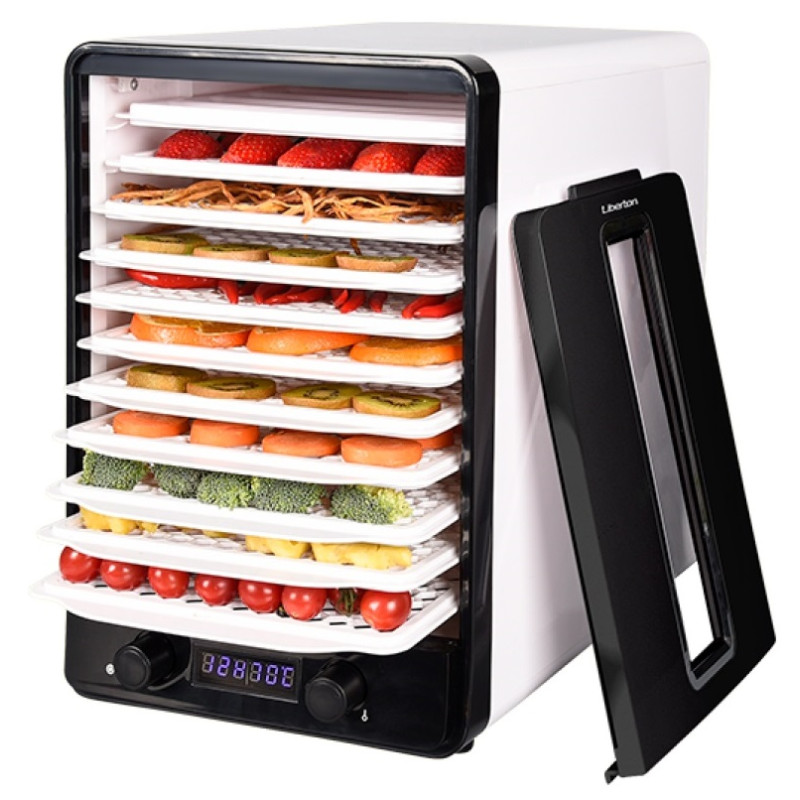 Сушарка овочів та фруктів Liberton LFD-5528P, Black/White, 520W, механічне керування з цифровим дисплеєм, об'єм 23л, 10 ярусів, регулювання висоти, діапазон температури 35-70C, 2*піддон для пастили, решітка для ковбасок