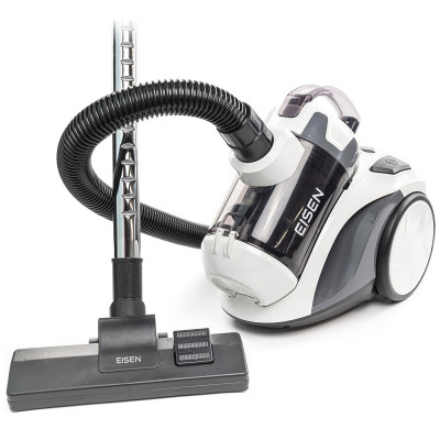 Пилосос Eisen EVC-390W ECO Cyclone White, 900W, контейнер, об'єм пилозбірника 2л, універсальна щітка підлога/килим; 2в1 для м'яких меблів і щілинна, HEPA-фільтр, регулювання потужності на корпусі, технологія Multi-Cyclone, мікрофільтр