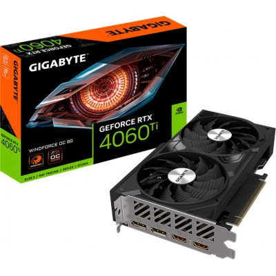 Відеокарта GeForce RTX 4060 Ti, Gigabyte, WINDFORCE OC, 8Gb GDDR6, 128-bit, 2xHDMI/2xDP, 2550/18000 MHz, 8-pin (GV-N406TWF2OC-8GD)