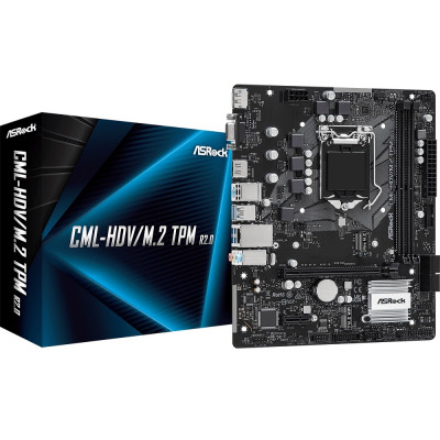 Мат.плата 1200 (H370) ASRock CML-HDV/M.2 TPM R2.0, H370, 2xDDR4, Int.Video(CPU), 4xSATA3, 1xM.2, 1xPCI-E 3.0 x16, 1xPCI-E 3.0 x1, 1xM.2 (Key E), ALC897, RTL8111H, 6xUSB3.2/4xUSB2.0, VGA/HDMI/DP, MicroATX