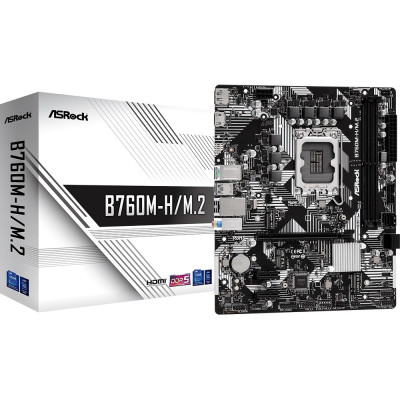 Материнська плата LGA1700, ASRock B760M-H/M.2, B760, 2xDDR5, Int.Video(CPU), 4xSATA3, 2xM.2, 1xPCI-E 4.0 x16, 2xPCI-E 3.0 x1, 1xM.2 (Key E), ALC897, RTL8111H, 6xUSB3.2/5xUSB2.0, HDMI/DP, MicroATX