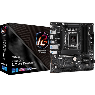 Материнська плата LGA1700, ASRock B760M PG Lightning, B760, 4xDDR5, Int.Video(CPU), 4xSATA3, 3xM.2, 1xPCI-E 5.0 x16, 1xPCI-E 3.0 x16, 1xM.2 (Key E), ALC897, RTL8125BG, 6xUSB3.2/6xUSB2.0, HDMI/DP, CrossFire, MicroATX