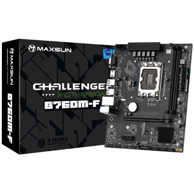 Мат.плата LGA1700, Maxsun Challenger B760M-F, B760, 2xDDR4, Int.Video(CPU), 3xSATA3, 1xPCI-E 16x 4.0, 1xPCI-E 1x, 1xM.2 4.0, GbE, 2xUSB3.2/4xUSB2.0, VGA/HDMI, MicroATX (MS-Challenger B760M-F)