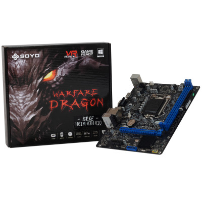 Мат.плата 1155 (H61) Maxsun-Soyo Warfare Dragon H61M-V3H V10, H61, 2xDDR3, Int.Video(CPU), 4xSATA2, 1xPCI-E 16x 3.0, 1xPCI-E 1x 2.0, ALC887, RTL8111H, 4xUSB2.0, VGA/HDMI, MicroATX