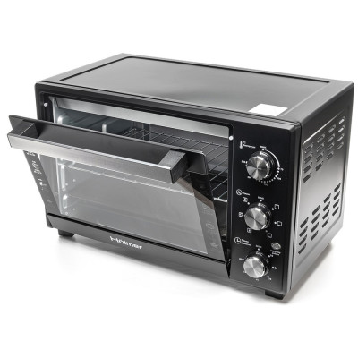 Електродуховка Holmer HEO-142CR Black, 1700w, 42л, конвекція, в комплекті деко з антипригарним покриттям та рожен, індикатор роботи, таймер, 100°С-250°С, фіксація відкритого положення дверцят