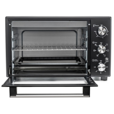 Електродуховка Holmer HEO-142CR Black, 1700w, 42л, конвекція, в комплекті деко з антипригарним покриттям та рожен, індикатор роботи, таймер, 100°С-250°С, фіксація відкритого положення дверцят