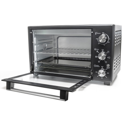 Електродуховка Holmer HEO-142CR Black, 1700w, 42л, конвекція, в комплекті деко з антипригарним покриттям та рожен, індикатор роботи, таймер, 100°С-250°С, фіксація відкритого положення дверцят