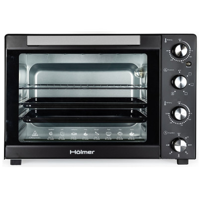 Електродуховка Holmer HEO-162CL Black, 1900w, 60л, конвекція, в комплекті 2 деко з антипригарним покриттям та решітка гриль, індикатор роботи, таймер, 70°С-250°С, фіксація відкритого положення дверцят
