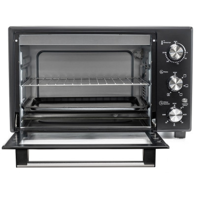 Електродуховка Holmer HEO-242CL Black, 1700w, 42л, конвекція, внутрішня підсвітка, в комплекті деко з антипригарним покриттям та решітка гриль, індикатор роботи, таймер, 100°С-250°С, фіксація відкритого положення дверцят