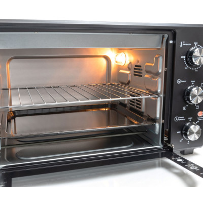 Електродуховка Holmer HEO-242CL Black, 1700w, 42л, конвекція, внутрішня підсвітка, в комплекті деко з антипригарним покриттям та решітка гриль, індикатор роботи, таймер, 100°С-250°С, фіксація відкритого положення дверцят