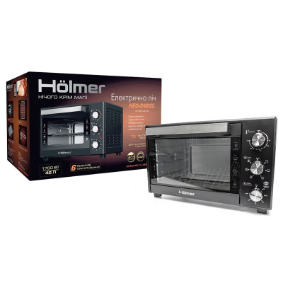 Електродуховка Holmer HEO-242CL Black, 1700w, 42л, конвекція, внутрішня підсвітка, в комплекті деко з антипригарним покриттям та решітка гриль, індикатор роботи, таймер, 100°С-250°С, фіксація відкритого положення дверцят