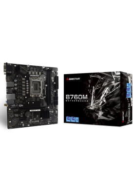 Материнська плата LGA1700, Biostar B760MX-E D4, B760, 2xDDR4, Int.Video(CPU), 4xSATA3, 1xM.2, 1xPCI-E 4.0 x16, 1xPCI-E 3.0 x1, 1xM.2 (Key E), ALC897, I219V, 4xUSB3.2/8xUSB2.0, VGA/DVI-D/HDMI, Micro ATX