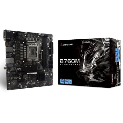 Материнська плата LGA1700, Biostar B760MX-E D4, B760, 2xDDR4, Int.Video(CPU), 4xSATA3, 1xM.2, 1xPCI-E 4.0 x16, 1xPCI-E 3.0 x1, 1xM.2 (Key E), ALC897, I219V, 4xUSB3.2/8xUSB2.0, VGA/DVI-D/HDMI, Micro ATX