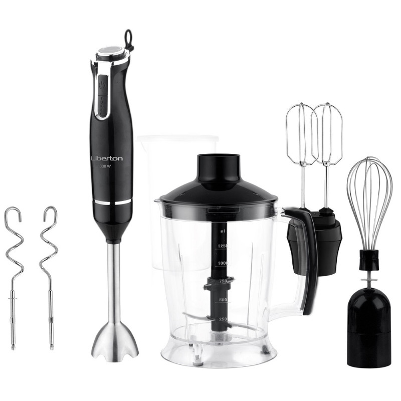 Блендер Liberton LHB-0304 Black, 800W, занурювальний, плавне регулювання швидкості, мірна склянка 600мл, подрібнювач 1250мл, насадка-міксер з двома вінчиками, гачок для замішування тіста, вінчик