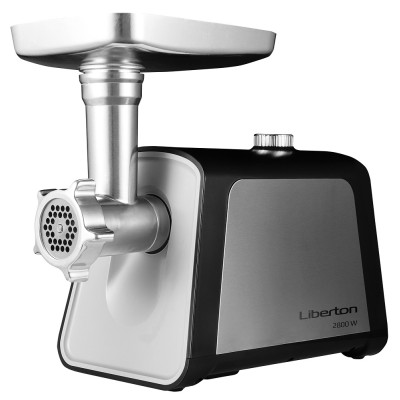 М'ясорубка Liberton LMG-28TB01S, Steel/Black, 2800W, продуктивність 2кг/хв, 3 диски з отворами 3/5/7мм, насадка соковитискач для томатів, для ковбасок, для кеббе, бургер-прес, реверс, шнек та лоток металеві, захист від перегріву