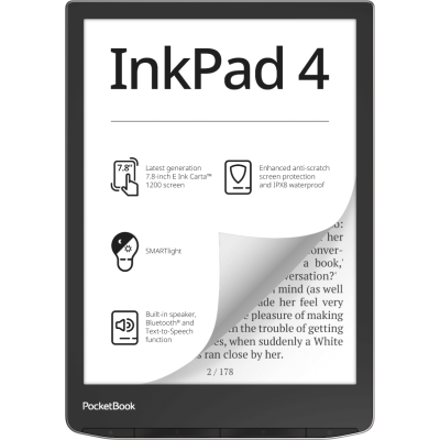 Електронна книга 7.8" PocketBook 743G InkPad 4, Stund Silver, WiFi / Bluetooth, 1872x1404 (E Ink Carta), 1Gb/16Gb, сенсорний екран, 300 DPI, сенсорна панель, підсвічування екрану SMARTlight, 2000 mAh, microSD, USB Type-C (PB743G-U-CIS)