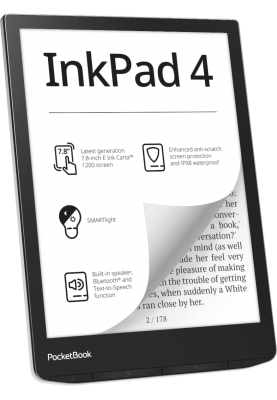 Електронна книга 7.8" PocketBook 743G InkPad 4, Stund Silver, WiFi / Bluetooth, 1872x1404 (E Ink Carta), 1Gb/16Gb, сенсорний екран, 300 DPI, сенсорна панель, підсвічування екрану SMARTlight, 2000 mAh, microSD, USB Type-C (PB743G-U-CIS)