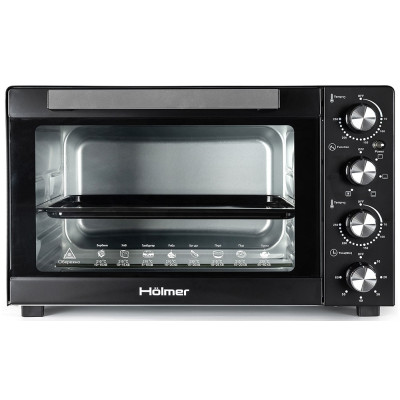 Електродуховка Holmer HEO-152C Black, 1700W, 50 л, 4 режимів, 2 тени, конвекція, таймер, 3 рівня, механічне керування, 70°С-250°С, в комплекті 2 деко, решітка та ручка