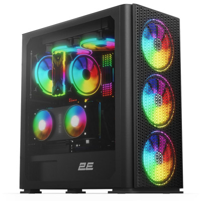 Корпус 2E Gaming Vertex Tempered Glass Black, без БЖ, Mid Tower, для ATX / Micro ATX / Mini ITX, 2xUSB 2.0, 1xUSB 3.0, 3x120 ARGB Fan, 3x140 ARGB Fan, бічна панель із загартованого скла (2E-GI01B)