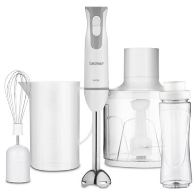 Блендер Zelmer ZHB4554S White/Grey, 800W, занурювальній, 2 швидкості, вінчик, мірний стакан 800мл, подрібнювач 450мл, 2 високопродуктивні ножі, спортивний шейкер 600мл