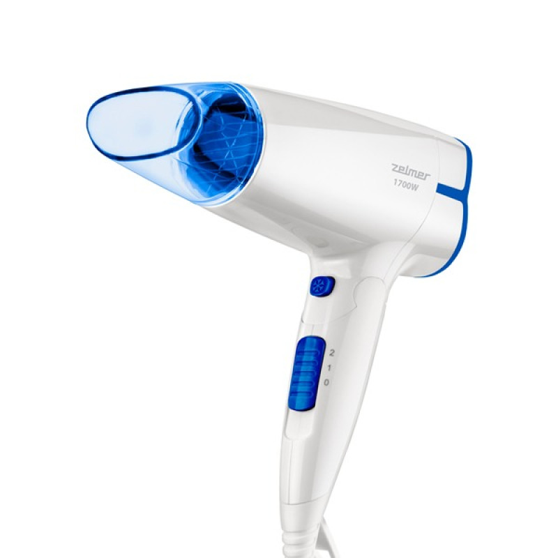 Фен Zelmer ZHD8320В, White/Blue, 1700W, 2 швидкості, 2 режими, подача холодного повітря, складна ручка, сопло-концентратор, двигун постійного струму