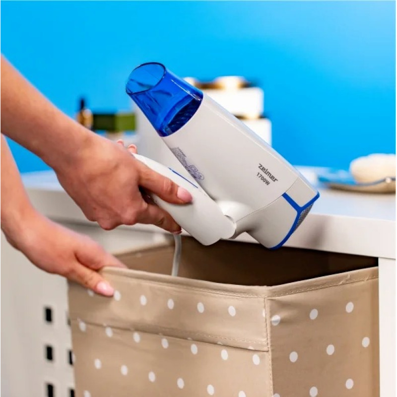 Фен Zelmer ZHD8320В, White/Blue, 1700W, 2 швидкості, 2 режими, подача холодного повітря, складна ручка, сопло-концентратор, двигун постійного струму