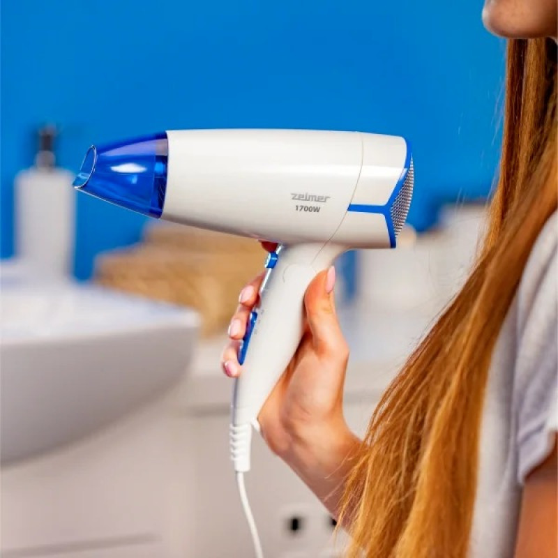 Фен Zelmer ZHD8320В, White/Blue, 1700W, 2 швидкості, 2 режими, подача холодного повітря, складна ручка, сопло-концентратор, двигун постійного струму