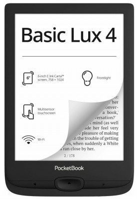 Електронна книга 6" 6" PocketBook 618 "Basic Lux 4", Black, WiFi, 758x1024 (E Ink Carta), 512Mb / 8Gb, сенсорний екран, 16 градацій сірого, 212 DPI, підсвічування екрану SMARTlight, microSD (до 32Gb), 1300 mAh, microUSB, 161.3x108x8 мм