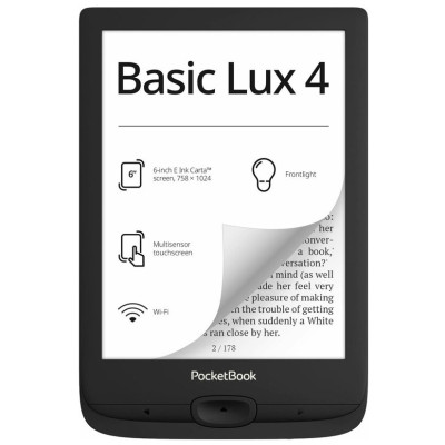 Електронна книга 6" 6" PocketBook 618 "Basic Lux 4", Black, WiFi, 758x1024 (E Ink Carta), 512Mb / 8Gb, сенсорний екран, 16 градацій сірого, 212 DPI, підсвічування екрану SMARTlight, microSD (до 32Gb), 1300 mAh, microUSB, 161.3x108x8 мм