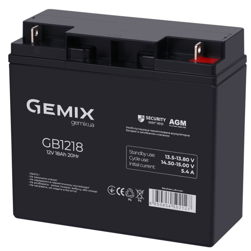 Батарея для ДБЖ 12В 18Ач Gemix GB1218 Black, 181х77х167 мм AGM