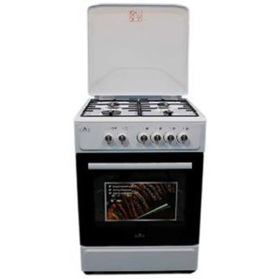 Плита газова Castle CG-60W, White, поворотні перемикачі, 4 газові конфорки, автопідпал інтегрований, решітка металева емальована, газова духовка з подвійним склом, автопідпал інтегрований, підсвітка з кнопки, термометр, металева кришка, 60x60x86.5см