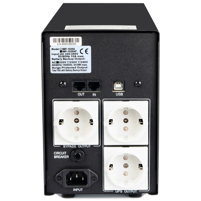 Джерело безперебійного живлення PowerCom Imperial IMP-1025AP Schuko Black, 1025 ВА, 615 Вт, лінійно-інтерактивний, AVR, 3 розеткi Schuko, захист RJ45