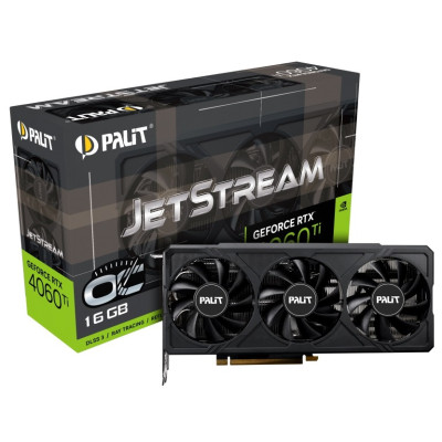 Відеокарта GeForce RTX 4060 Ti, Palit, JetStream OC, 16Gb GDDR6, 128-bit, HDMI/3xDP, 2595/18000 MHz, 8-pin (NE6406TU19T1-1061J)